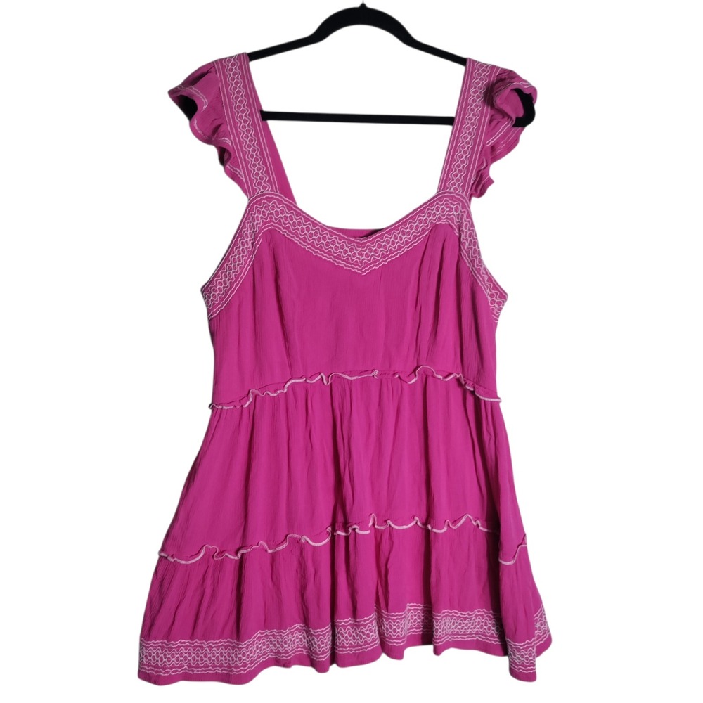 Torrid Womens 1X Magenta Pink Embroidered Ruffle Tiered Babydoll Boho Top Blouse